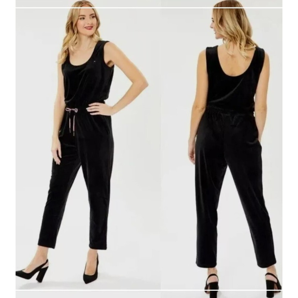 Tommy Hilfiger Velour Romper Jumpsuit Black Size Large Drawstring Waist NWT‎ $79